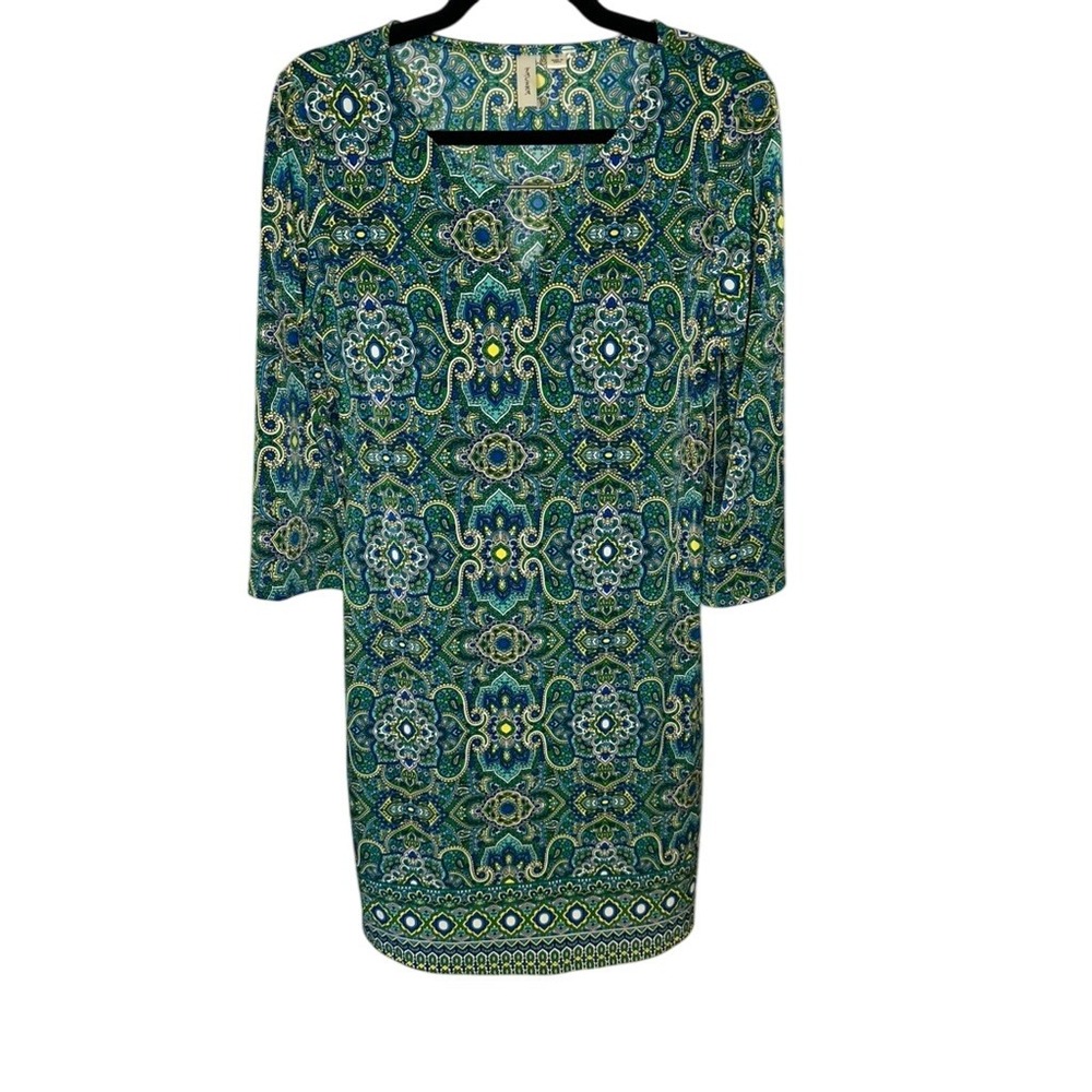 Tacera Green Blue Paisley‎ Print 3/4 Sleeve V Neck Casual Dress Womens Small S